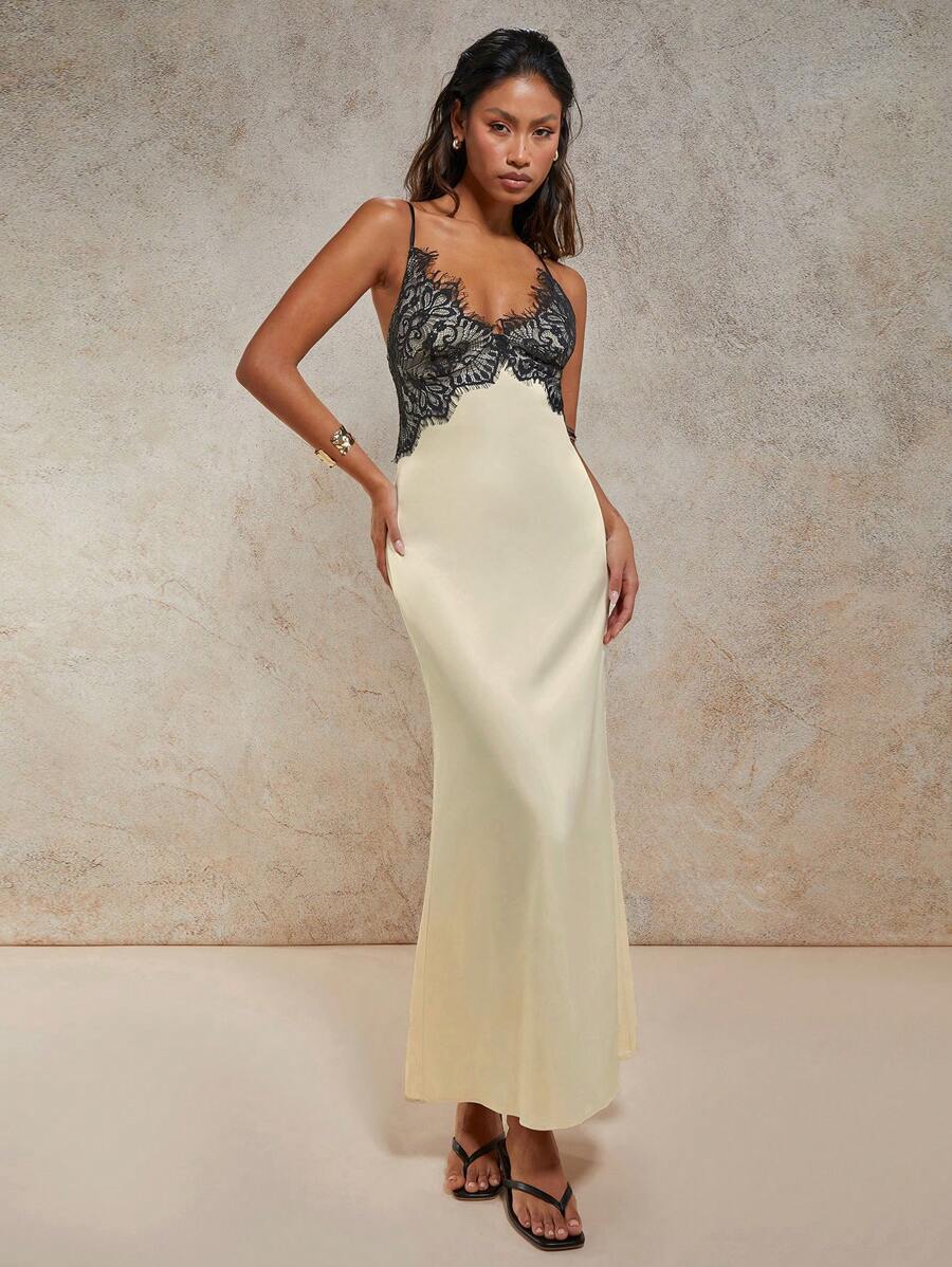 COSMINA Women Contrast Lace Fitted Elegant Sleeveless Dress Summer Dresses For Women