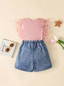 2 件套女童可爱罗纹针织荷叶边吊带背心和心形刺绣牛仔裤，适合旅行、派对、学校和任何场合 - 彩色 - 查看 2