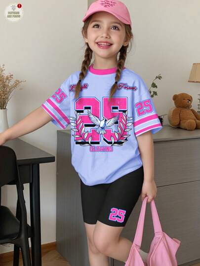 SHEIN 2pcs/Set Young Girl Casual Simple Short Sleeve Top And Shorts Set, Suitable For Summer