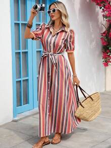 Vivid Eden Váy đi biển thường ngày cổ sọc dài cho nữ, mùa hè - Nhiều màu - Xem 4
