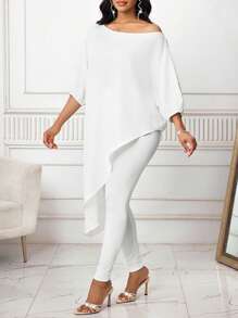 SHEIN Lady 2pcs Women Elegant Solid Asymmetric Shirt & Leggings Set Women Clothing White Outfits Casual Sets For Women