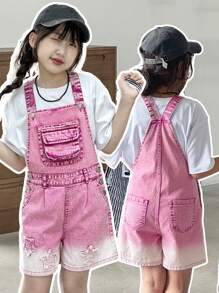 Tween-Mädchen Denim-Overall-Shorts, rosa Latz, Cargotaschen, gestickte Sterne, 100 % Baumwolle, Premium-Waschung, Beinausschnitt mit Ombre-Verblassung, lockere Passform, süß und niedlich für Ausflüge, Schule, Sport, Hauskleidung, verstellbare Träger, Unabhängigkeitstag, Musikfestival, Kindertagsgeschenk, passendes Schwestern-Set - Pink - Übersicht 1