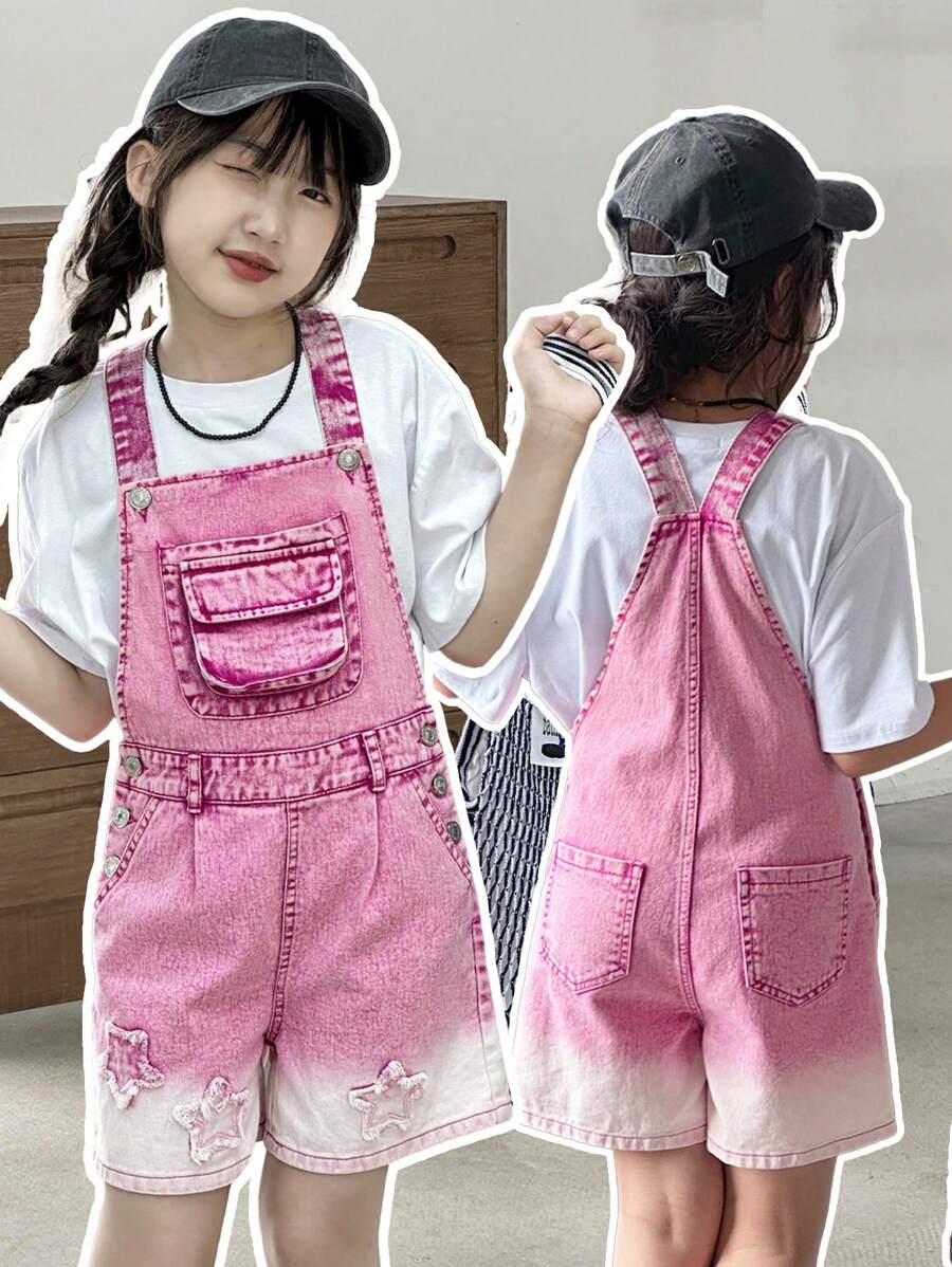 Tween-Mädchen Denim-Overall-Shorts, rosa Latz, Cargotaschen, gestickte Sterne, 100 % Baumwolle, Premium-Waschung, Beinausschnitt mit Ombre-Verblassung, lockere Passform, süß und niedlich für Ausflüge, Schule, Sport, Hauskleidung, verstellbare Träger, Unabhängigkeitstag, Musikfestival, Kindertagsgeschenk, passendes Schwestern-Set - Pink - Übersicht 1