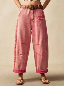 Bohemela Women's Casual Vacation Denim Harem Pants Acid Wash Pink Jeans Pink Baggy Jeans - Red - View 5