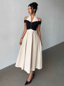 Siren Gaze Women's Contrast Color Splice Halter Neck A-Line Dress Midi Dress Off The Shoulder Dress Halter Dress Casual Dress French Dress Office Outfits For Women Teacher Outfits For Women