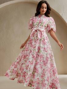 Anewsta Váy nghỉ mát mùa hè thanh lịch họa tiết hoa dành cho nữ với đá trang trí, cổ đứng, tay bồng, hàng nút đá thủ công một hàng, ruy băng buộc, thiết kế thắt nơ eo, dài đến đầu gối - Hồng - Xem 7