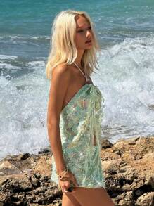 SHEIN ICON Sexy Sequin Backless Halter Top With Slit - Green - View 3