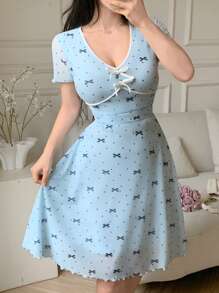 Feyla 女式夏季圆点蝴蝶结印花V领短袖迷你连衣裙 - 藍色 - 查看 5