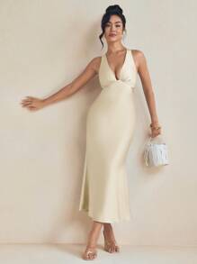 Amiko Spring Summer Bias Drape Satin Slip Dress With Tie Back Women Elegant Dress Vacation Wedding - Light Yellow - View 3