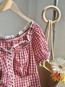 Comfortcana Áo sơ mi kẻ caro đỏ trắng thường ngày mùa hè cỡ lớn cho nữ - Nhiều màu - Xem 4