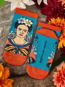 Frida Kahlo X SHEIN 3 Pairs Women Fashionable Elegant Flower Pattern Soft Breathable Sweat-Absorbent Ankle Socks, Reinforced Toe And Heel, Suitable For All Seasons Spring, Summer, Autumn, Winter,Summer Outfits, Spring Outfits,Beach, Vacation, Flower - Multicolor - View 8