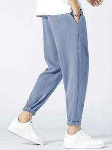 Manfinity Homme 宽松男士字母贴片细节纹理锥形裤男浅蓝色裤子夏季裤子 - 霧霾藍 - 查看 2