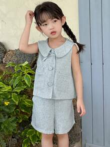 2pcs Sleeveless Bow Decor Blouse And Shorts Set For Young Girls - Baby Blue - View 4