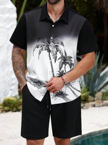 Manfinity RSRT Conjunto de camisa y pantalones cortos negros con degradado y estampado de palmeras para hombre de talla grande, atuendo de vacaciones