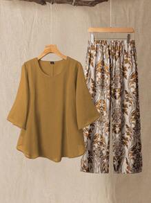 Linhara 2pcs Plus Size Women Set: Chiffon Solid Color Blouse And Floral Print Wide Leg Pants - Khaki - View 1