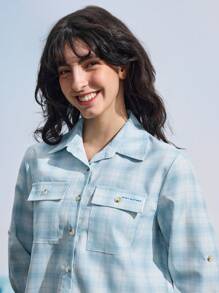SHEIN In My Nature Women's Plaid Long Sleeve Single Breasted Pocket Casual Outdoor Shirt - Blue - View 8