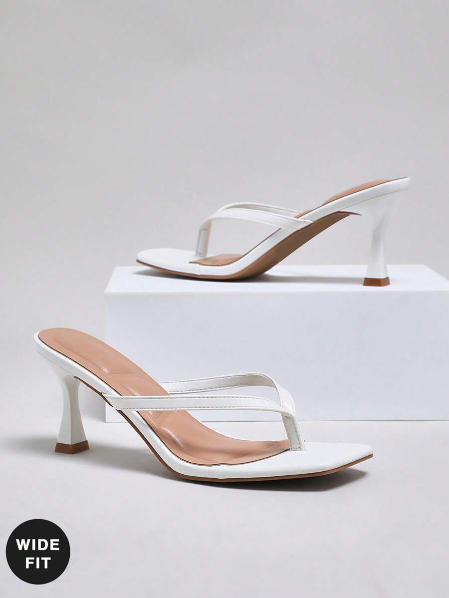 SHUZIA Wide-Fit Women Comfortable Kitten Heel Square Toe Thong Heeled Sandals - White - View 1