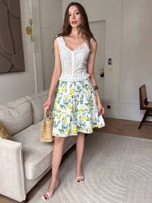 Chiquease Falda midi en línea A versátil de cintura alta con estampado de limón, parches y volantes - Amarillo - Ver 4