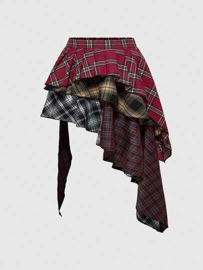Grunge Punk Jupe plissée asymétrique à imprimé écossais vintage patchwork pour femmes en grande taille