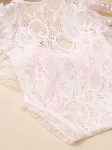 SHEIN Newborn Girl Lace Romper Set For Photoshoot Pink Ribbon Bow Romper Newborn Photo Props Infant Photography Outfit - White - View 9