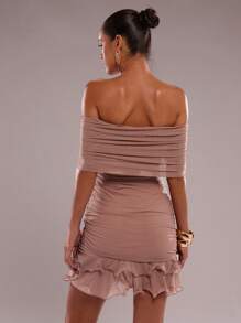 SHEIN BAE 女士优雅纯色露肩褶饰修身荷叶边迷你连衣裙，适合夏季、生日服装、俱乐部服装、外出服装、毕业礼服、女士夏季连衣裙、优雅派对连衣裙 - 藕粉色 - 查看 2