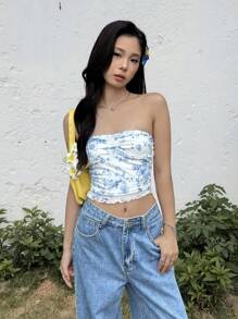 SHEIN 少女休闲简约舒适碎花褶饰设计吊带背心 - 淺藍色 - 查看 4