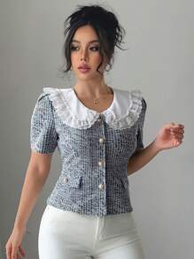 DAZY 女式蕾丝领短袖修身衬衫，夏季 - 黑與白 - 查看 7