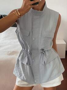 Livesso Chaqueta de utilidad con cuello alto, sin mangas y cintura ceñida para mujer, ropa de vuelta al colegio tipo chaleco