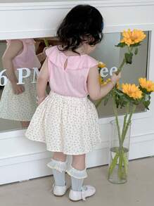 DAZY 2 pièces Ensemble t-shirt à encolure ronde décontracté avec volants et jupe à imprimé tout-sur-pour filles bébé - Rose bonbon - Voir 2