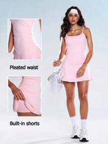 Eassivo Eassivo 女士时尚优雅细肩带腰部褶皱修身短款 A 字连衣裙，搭配紧身裤 - 淺粉色 - 查看 4