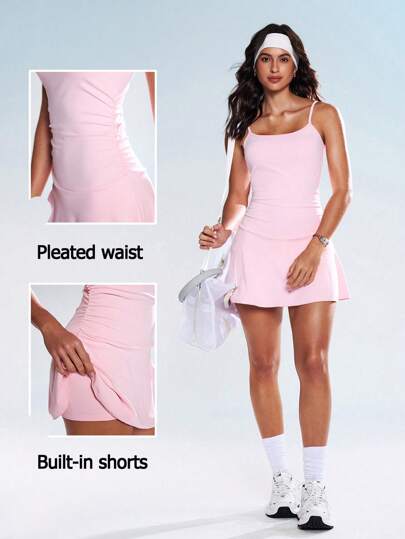 Eassivo Eassivo Women's Fashionable Elegant Spaghetti Strap Waist Pleated Fitted Short A-Line Dress, With Leggings Women Dresses For Women Summer