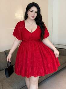 Vibekara Vestido elegante de mujer talla grande con cuello en V y bajo de hoja de loto en jacquard, atuendo para Año Nuevo, vacaciones y playa