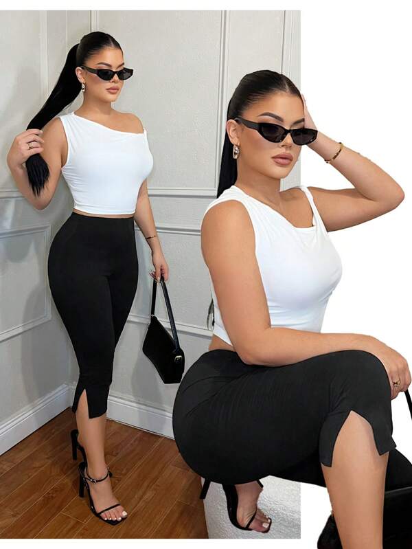 SHEIN SXY Women's Solid Color Casual Slim Fit Split-Hem Capri Leggings, Workout Clothes Women,Business Casual Woman,Going Out Tops Women,Old Money,Teacher Outfits For Women,Capris For Women, Women Summer Clothing