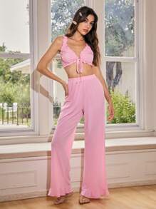 Lowkey Lull 女士纯色荷叶边下摆前系带短款上衣和裤子睡衣套装 - 粉色 - 查看 3