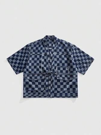 Anime Street Life Men's Checkerboard Pattern Front Tie Short Sleeve Denim Shirt, Summer