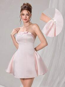Poshira Vestido elegante para mujer con decoración de cristal para banquete sin tirantes, vestido casual de mujer para cumpleaños, vestido corto de verano para mujer, vestido de mujer para el trabajo de verano, vestido de fiesta, boda y graduación para mujer, de tela fina y suave, con lazo, cuentas y decoración de diamantes - Rosa Pálido - Ver 9