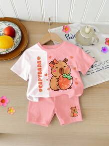 Young Girl Casual Minimalist Short Sleeve Shorts 2 Pieces Set, Suitable For Summer