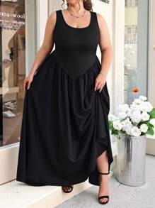 SHEIN CURVE+ 加大码黑色无袖超长摆礼服、毕业礼服、女士夏季连衣裙、超长连衣裙 - 黑色 - 查看 3