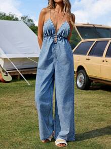 Breezaya Women's Summer Crossed Back Wide Leg Denim Jumpsuit - Medium Wash - View 5