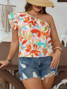 SHEIN VCAY 大码女式花卉印花单肩荷叶边袖宽松衬衫，节日装