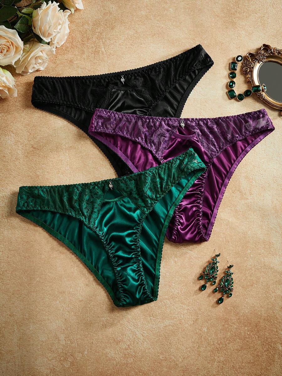 3 Packs Lace Patchwork French Terry Women's Briefs - Multicolor - View 1