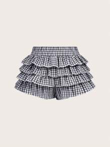 SHEIN Tween Girl Casual Plaid Ruffled Skorts, Back To School, Simple Daily - Black and White - View 2