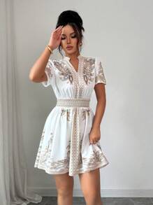 Rafferiza Vestido corto con mangas abullonadas, cintura recogida y estampado floral bohemio - Albaricoque - Ver 6