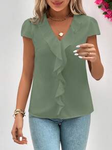 SHEIN Clasi Solid Color Ruffle V-Neck Short Sleeve Casual Summer Shirt - Green - View 4