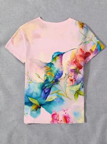 INAWLY Women's Round Neck Short Sleeve Bird & Floral Print Casual Summer T-Shirt - Multicolor - View 2