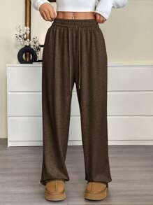 SHEIN EZwear 女士咖啡棕色抽绳休闲运动裤 - 咖啡棕 - 查看 3