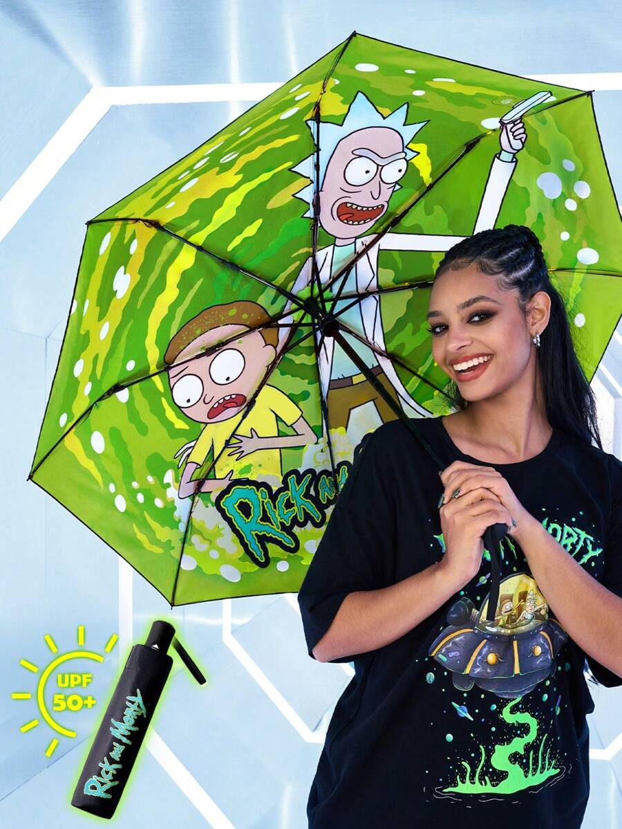 Rick and Morty X SHEIN 1pc Cartoon Character Pattern Printed Automatic Opening And Closing Umbrella With Sun Protection Function, Suitable For School, Work, Outings, And Daily Use, Designed For College Students, High School Students, And Women, Rick,Morty,Portal Gun‌,Green Portal, - Multicolor - View 1