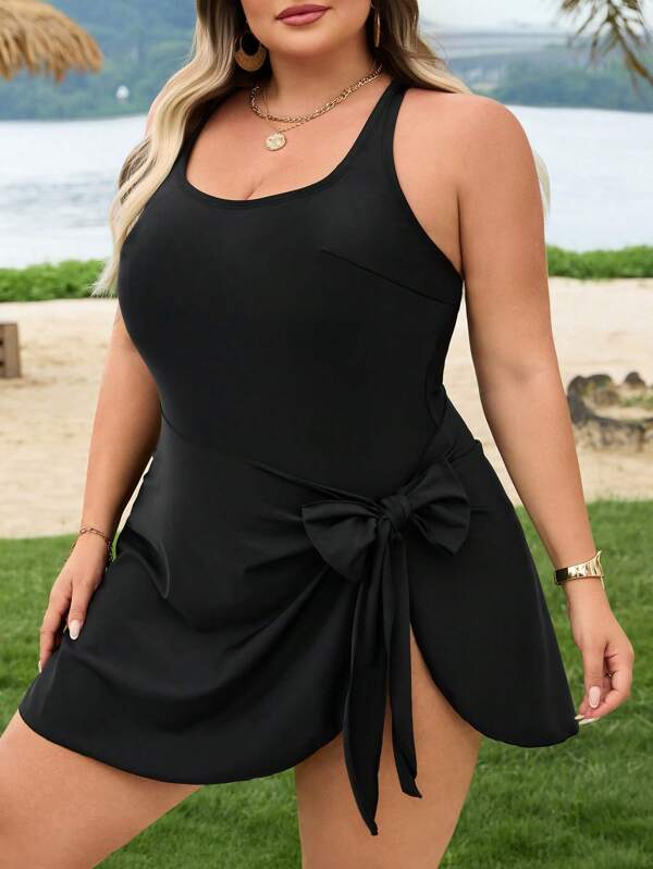 SHEIN CURVE+ 2 Peças/Conjunto Maiô Colado Preto com Laço e Pregas Laterais Plus Size para Mulheres, para Praia, Resort e Férias