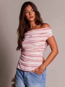 Athîral 女士亚麻外观 Bardot 条纹印花侧扣上衣，秋季，机场