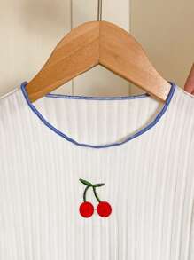 SHEIN Playful Pals 2pcs Baby/Toddler Girls Spring/Summer Cute Graphic Cherry Embroidery Short Sleeve T-Shirt And Plaid Pants Set, 0-3 Years - Blue - View 5